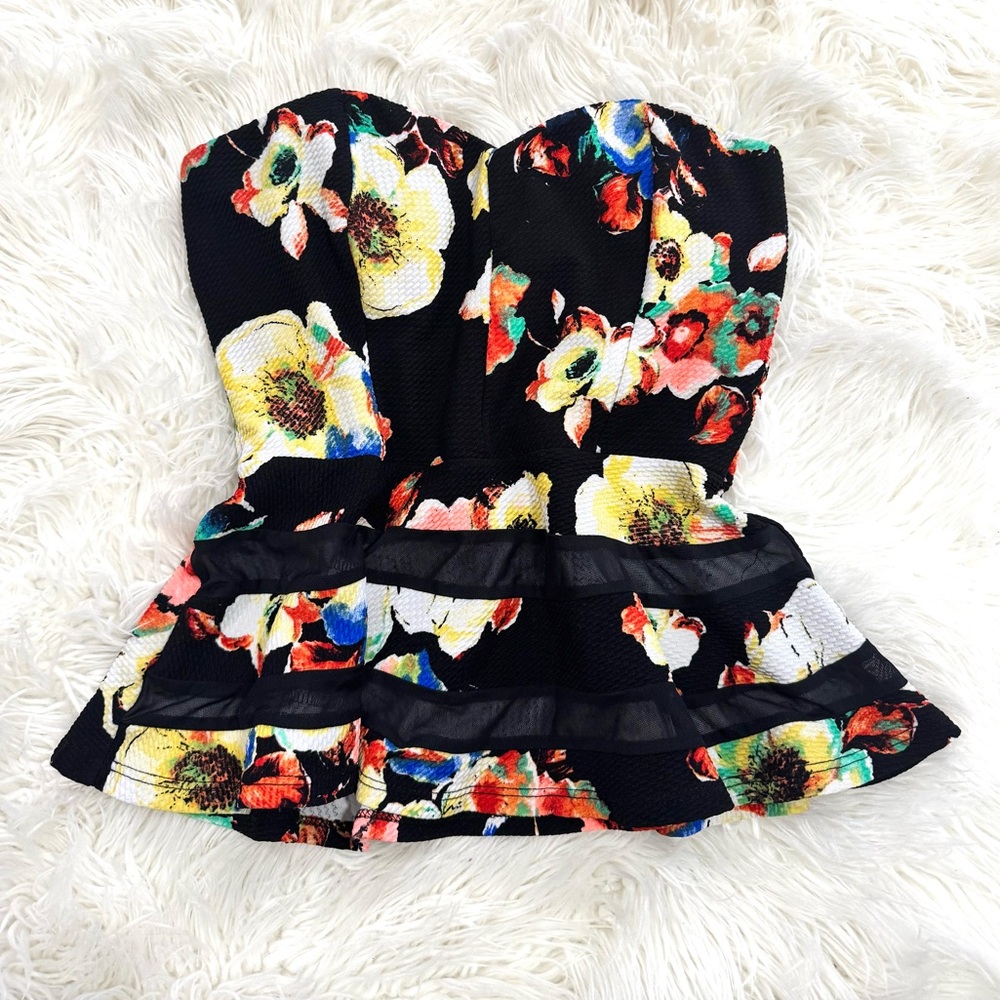 Elegant Floral Strapless Peplum Blouse